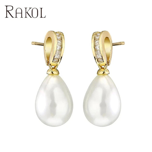 Rakol EP2960 Fine Designer Hoop Earrings Women 2022 Small Gold Plated Zircon Crystal Pearl Wedding Bridal Earrings