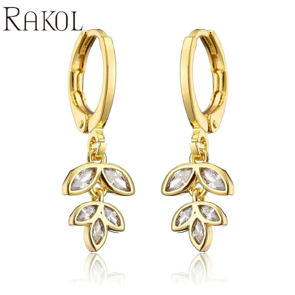RAKOL EP5213 2022 new 18 k gold plated leaf fashion jewelry earrings leaf jewelry sets earrings zircon charm huggie earrings