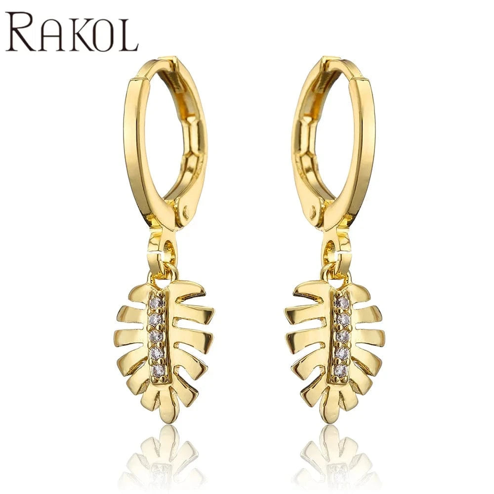 RAKOL EP5213 2022 new 18 k gold plated leaf fashion jewelry earrings leaf jewelry sets earrings zircon charm huggie earrings