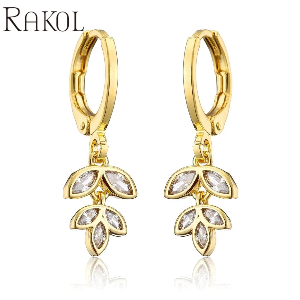 RAKOL EP5213 2022 new 18 k gold plated leaf fashion jewelry earrings leaf jewelry sets earrings zircon charm huggie earrings