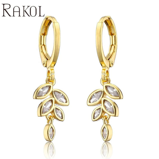 RAKOL EP5213 2022 new 18 k gold plated leaf fashion jewelry earrings leaf jewelry sets earrings zircon charm huggie earrings