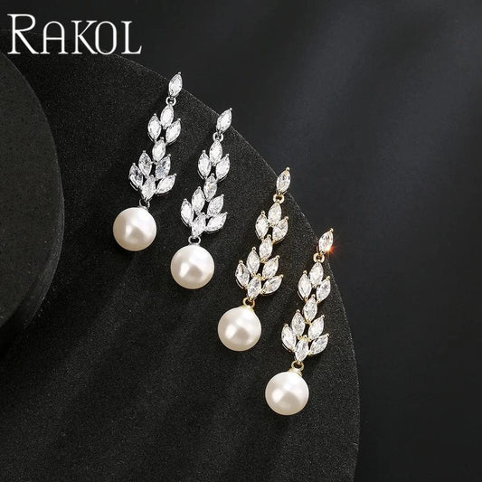 RAKOL EP5285 Baroque exquisite women elegant shining crystal customized big pearl dangle drop earrings for party wedding
