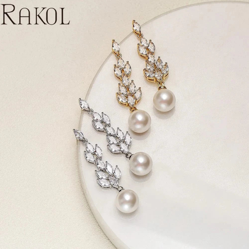 RAKOL EP5285 Baroque exquisite women elegant shining crystal customized big pearl dangle drop earrings for party wedding