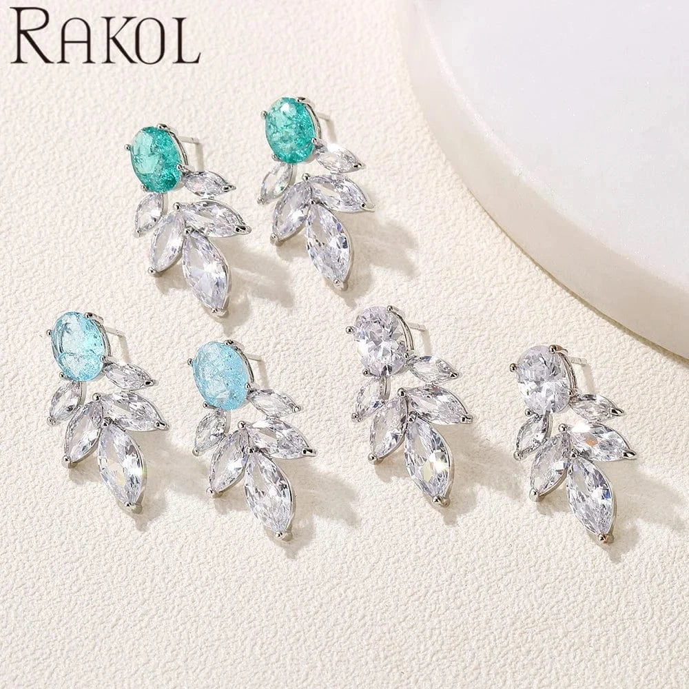 RAKOL EP5357 New Arrival Large Earrings For women Leaf Cubic Zirconia Earrings Jewelry 925 Silver Customize  Bridal Earrings