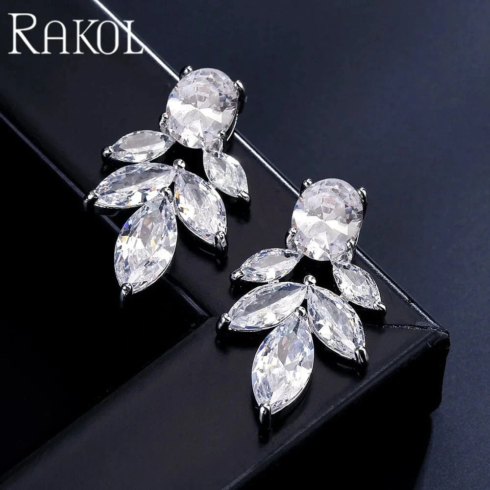 RAKOL EP5357 New Arrival Large Earrings For women Leaf Cubic Zirconia Earrings Jewelry 925 Silver Customize  Bridal Earrings