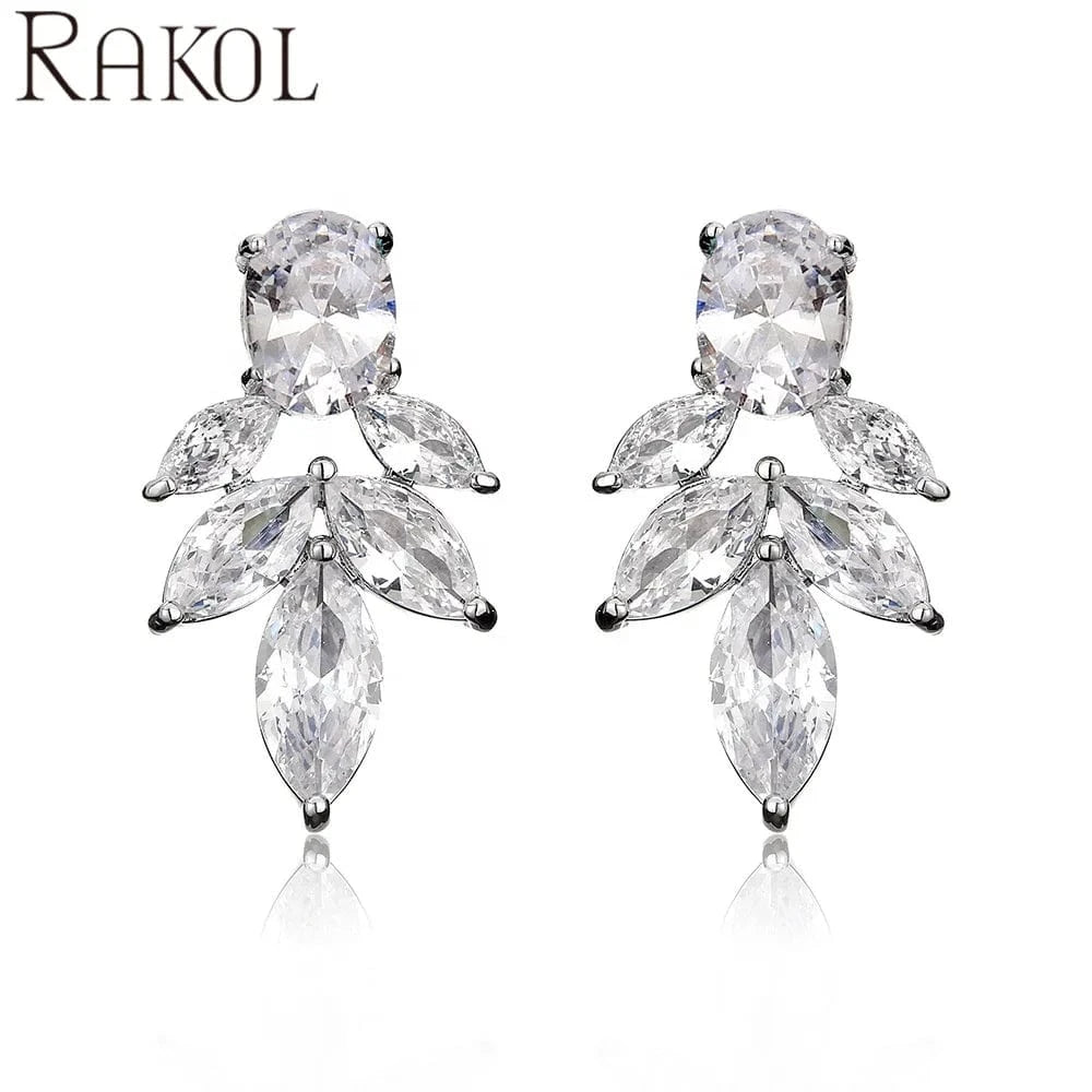 RAKOL EP5357 New Arrival Large Earrings For women Leaf Cubic Zirconia Earrings Jewelry 925 Silver Customize  Bridal Earrings