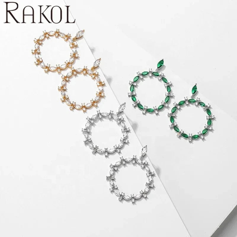 RAKOL EP5410 Latest Round Shaped Zirconia Earrings Real Gold Plated High Quality Silver Earrings For Women