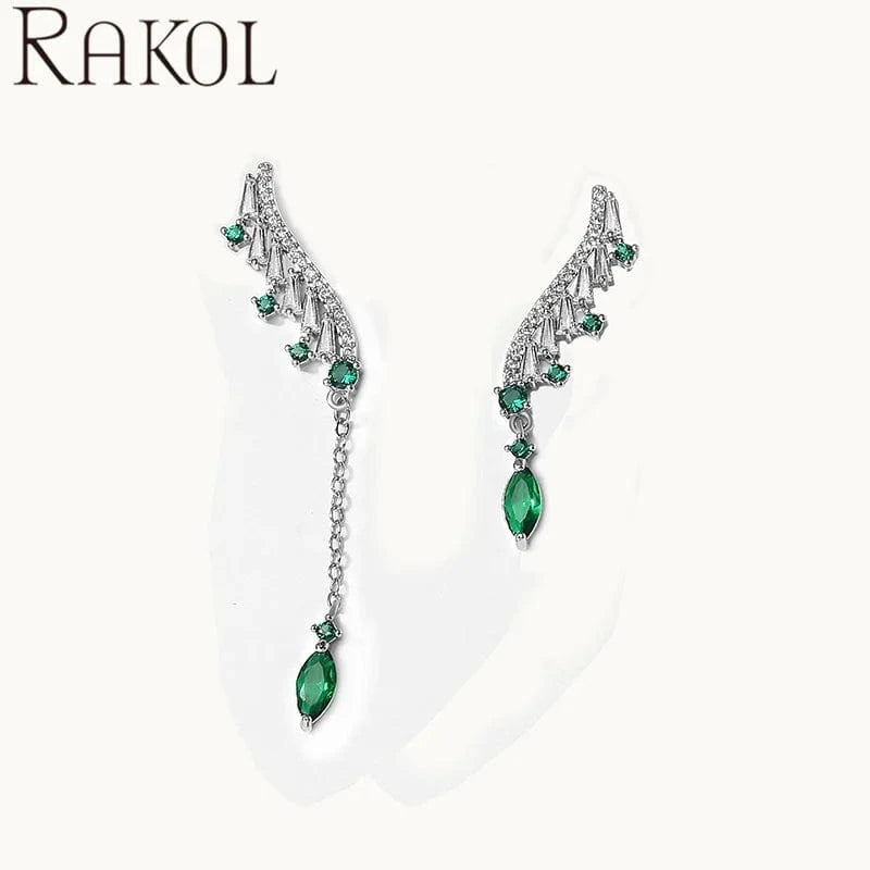 RAKOL EP5422 top selling elegant asymmetric wing type shining diamond silver 18k gold plated long dangle earrings