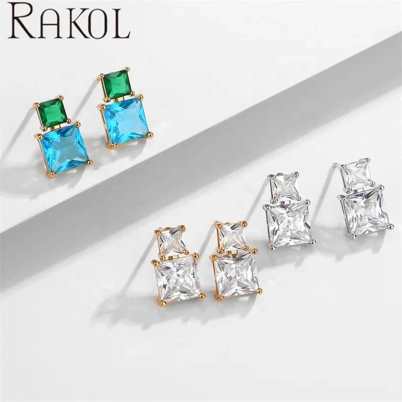 RAKOL EP5456 women wholesale new fashion square diamond jewelry tiny size silver blue green zircon crystal stud dating earrings