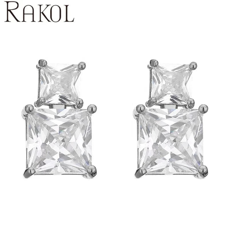 RAKOL EP5456 women wholesale new fashion square diamond jewelry tiny size silver blue green zircon crystal stud dating earrings