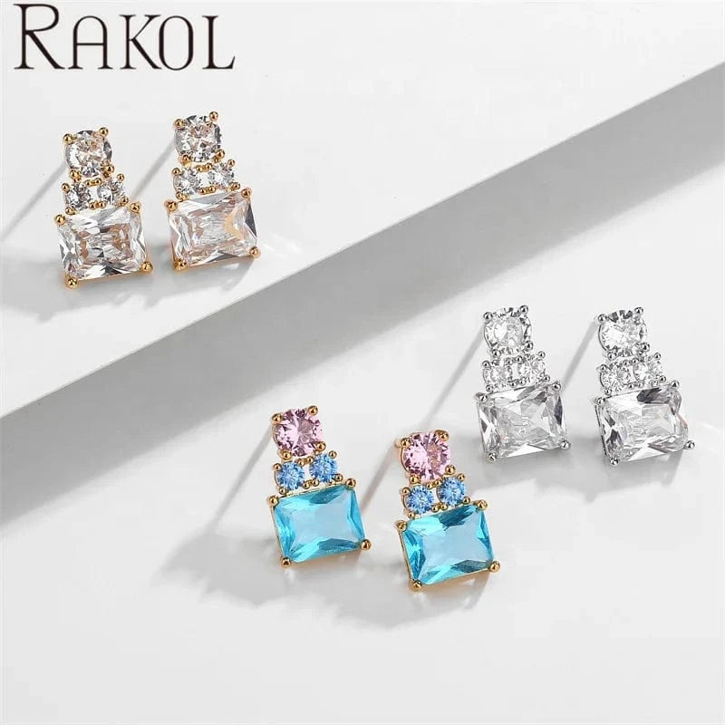 RAKOL EP5460 newest fashion shining square colorful crystal handmade 18k gold plated copper stud earring for lady