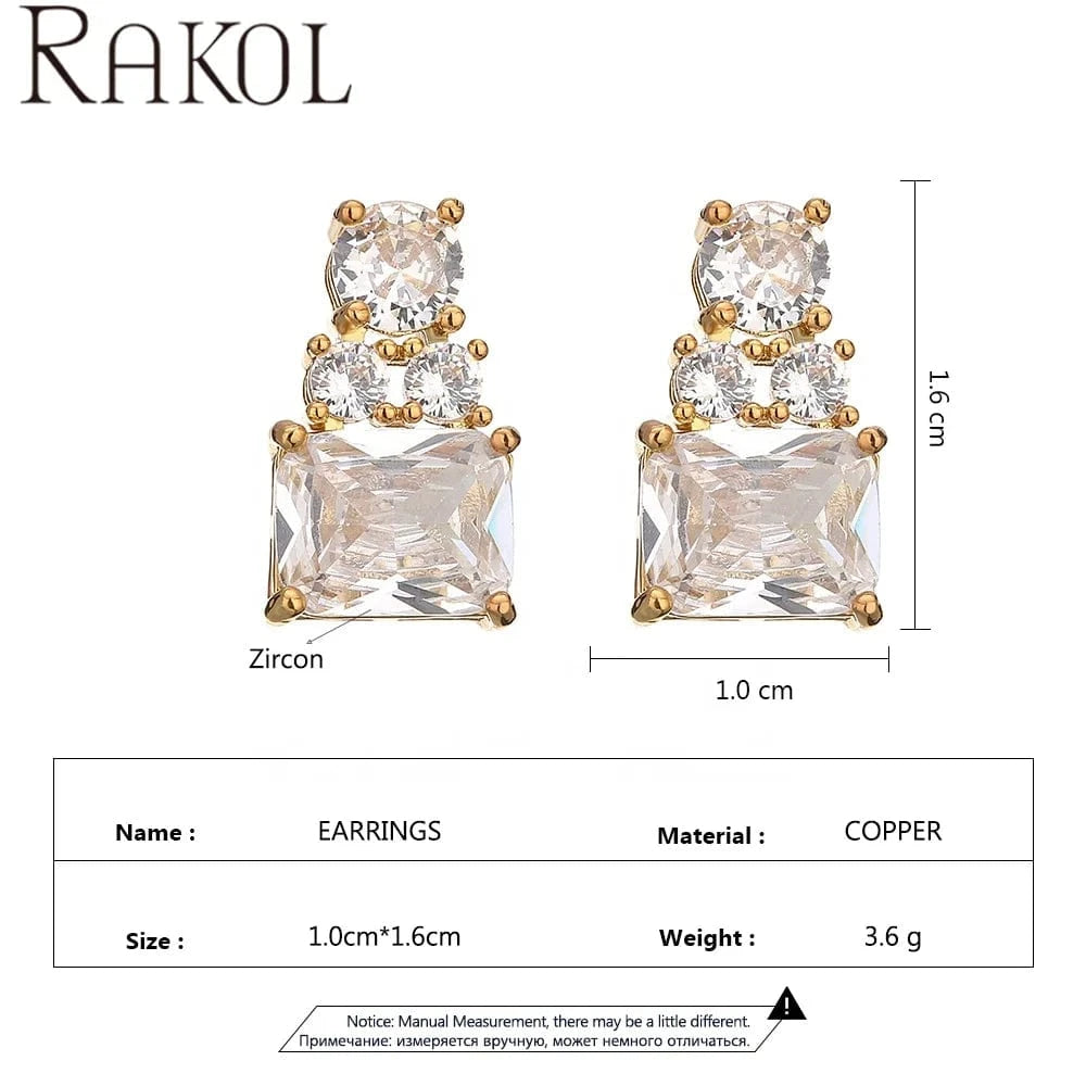 RAKOL EP5460 newest fashion shining square colorful crystal handmade 18k gold plated copper stud earring for lady