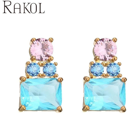 RAKOL EP5460 newest fashion shining square colorful crystal handmade 18k gold plated copper stud earring for lady