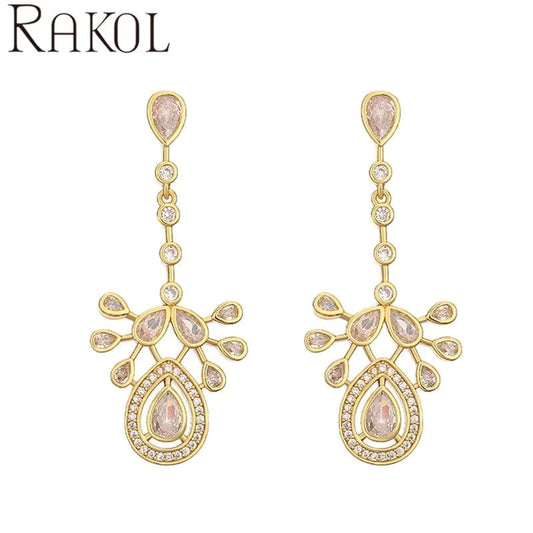 RAKOL EP5481 indian style fashion water drop diamond 18k gold plated stainless steel dangle earrings for women