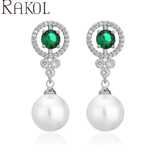 RAKOL EP5528 charming cubic zircon fashion jewelry freshwater pearl silver 18k real gold plated custom women dangle earrings
