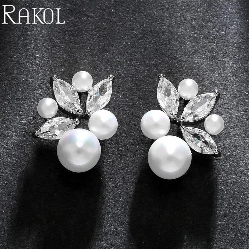 RAKOL EP5555 charming crystal cubic zircon leaf shape pearl beaded christmas fashion jewelry women dating earrings