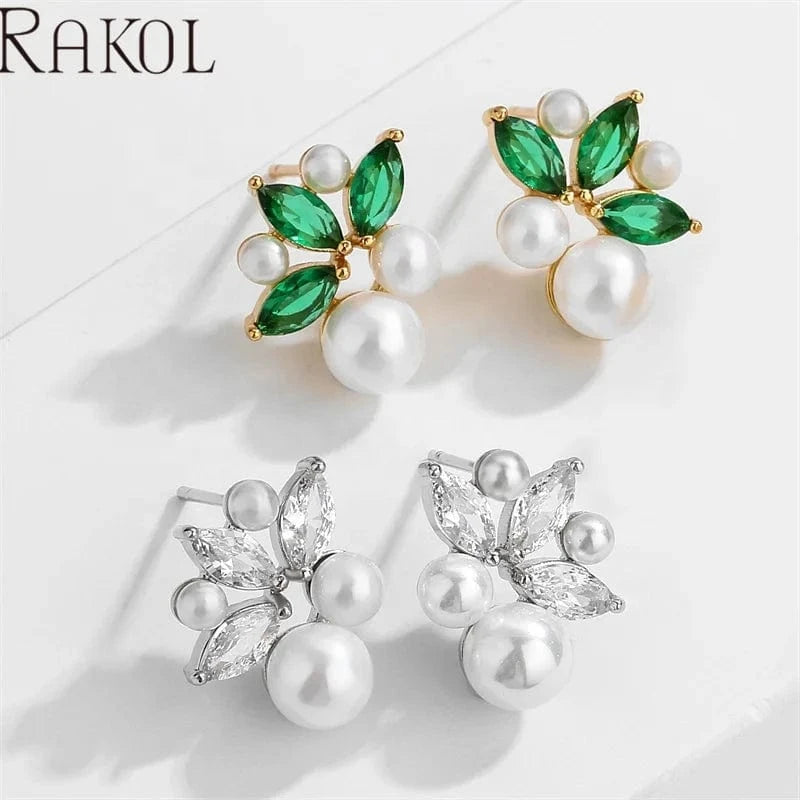 RAKOL EP5555 charming crystal cubic zircon leaf shape pearl beaded christmas fashion jewelry women dating earrings