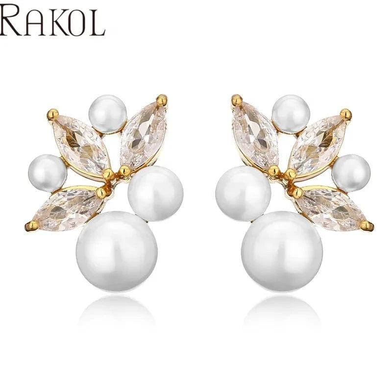 RAKOL EP5555 charming crystal cubic zircon leaf shape pearl beaded christmas fashion jewelry women dating earrings