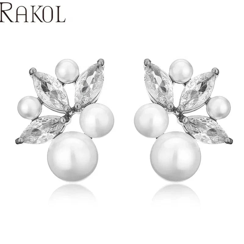 RAKOL EP5555 charming crystal cubic zircon leaf shape pearl beaded christmas fashion jewelry women dating earrings
