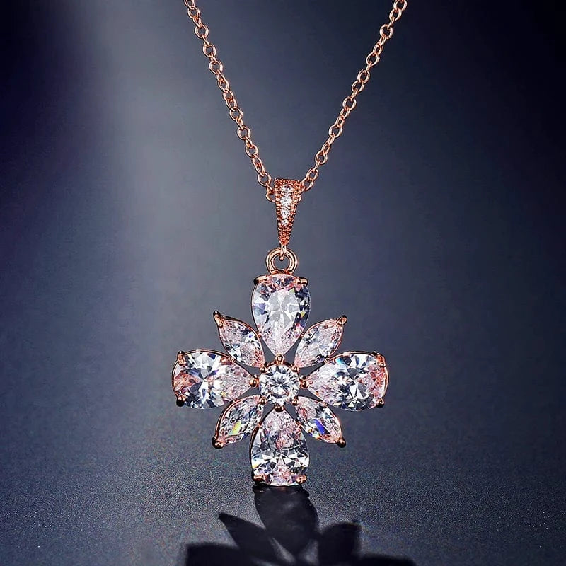 RAKOL NP2131 fashion simple CZ zirconia flower pendent necklace gold plated chian jewelry necklace for women