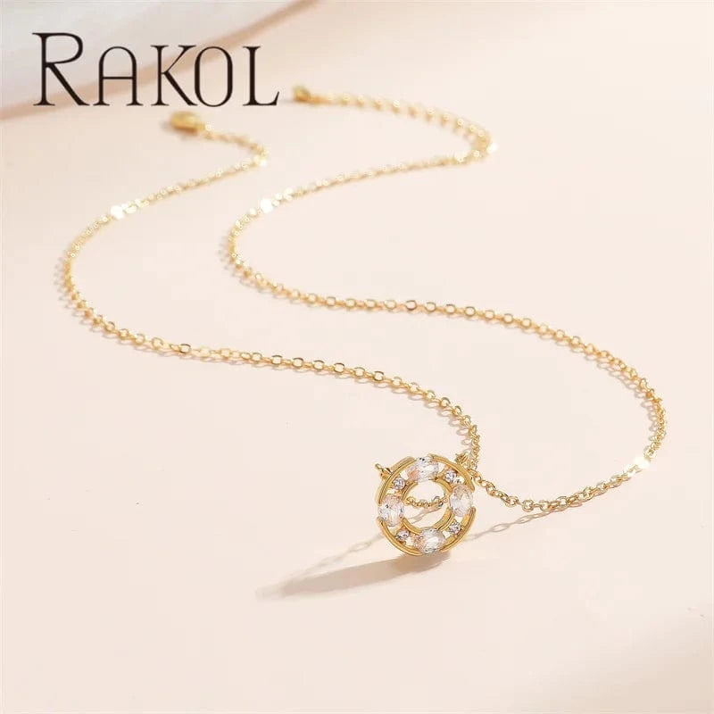 Rakol NP5191 18k Gold Plated Cz Circle Necklace For Women Cubic Zirconia Round Hollow Pendant Necklace Tarnish Free Jewelry