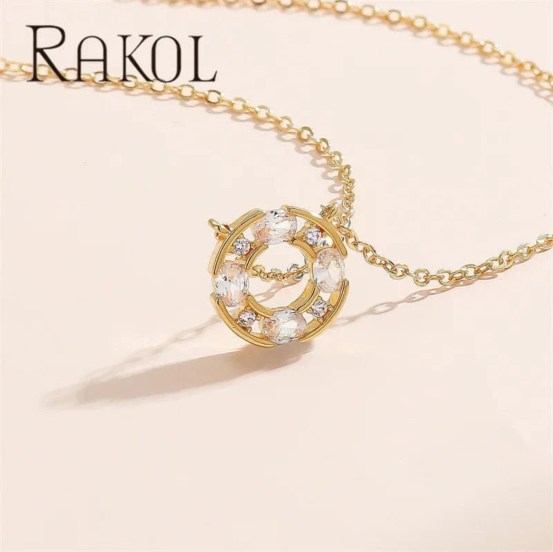 Rakol NP5191 18k Gold Plated Cz Circle Necklace For Women Cubic Zirconia Round Hollow Pendant Necklace Tarnish Free Jewelry