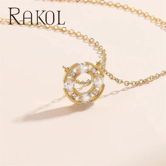 Rakol NP5191 18k Gold Plated Cz Circle Necklace For Women Cubic Zirconia Round Hollow Pendant Necklace Tarnish Free Jewelry