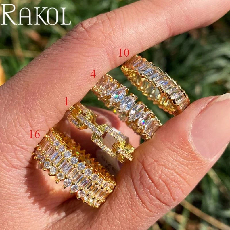 RAKOL RL1038 New Design Trendy 18k Gold Plated Iced Out CZ Cubic Bling Zircon Diamond Wedding Gothic Tennis Women Rings Jewelry