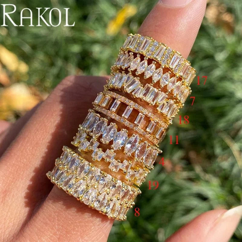 RAKOL RL1038 New Design Trendy 18k Gold Plated Iced Out CZ Cubic Bling Zircon Diamond Wedding Gothic Tennis Women Rings Jewelry