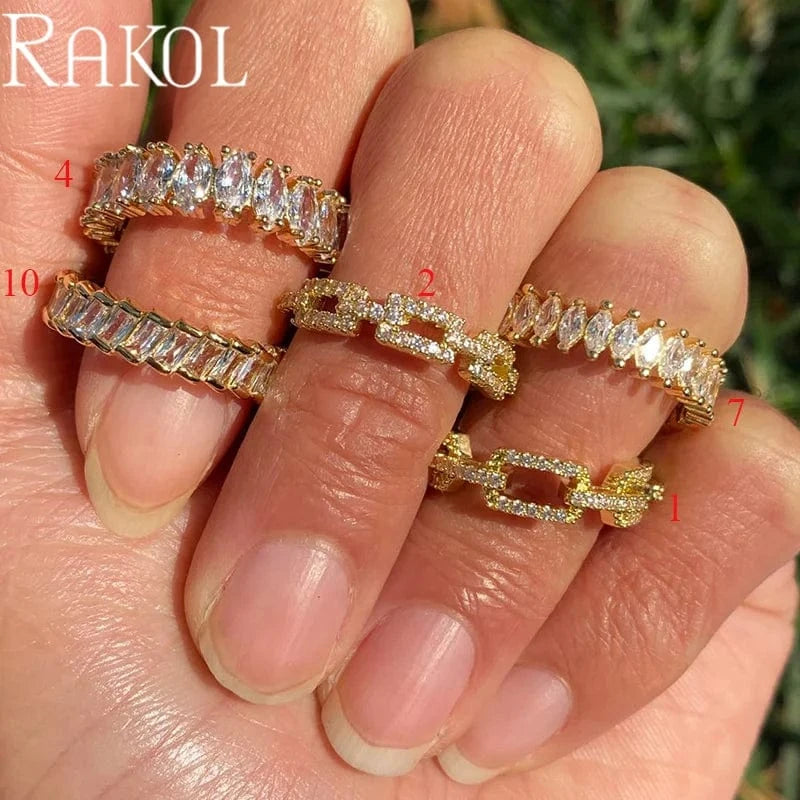 RAKOL RL1038 New Design Trendy 18k Gold Plated Iced Out CZ Cubic Bling Zircon Diamond Wedding Gothic Tennis Women Rings Jewelry