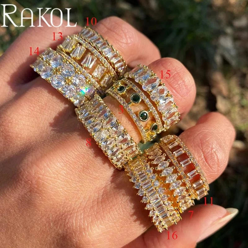 RAKOL RL1038 New Design Trendy 18k Gold Plated Iced Out CZ Cubic Bling Zircon Diamond Wedding Gothic Tennis Women Rings Jewelry