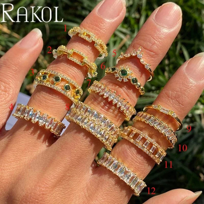 RAKOL RL1038 New Design Trendy 18k Gold Plated Iced Out CZ Cubic Bling Zircon Diamond Wedding Gothic Tennis Women Rings Jewelry