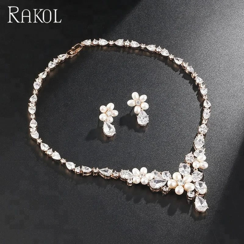 RAKOL SP047 Silver color zircone with pearl wedding bridal earrings necklace jewelry set