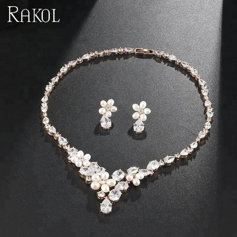 RAKOL SP047 Silver color zircone with pearl wedding bridal earrings necklace jewelry set