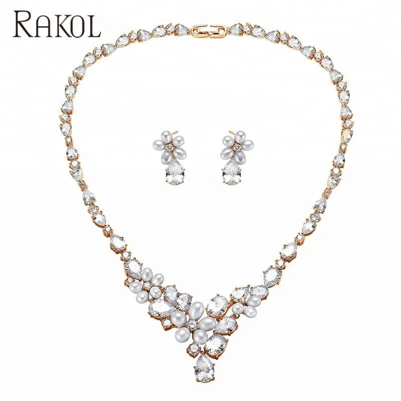 RAKOL SP047 Silver color zircone with pearl wedding bridal earrings necklace jewelry set