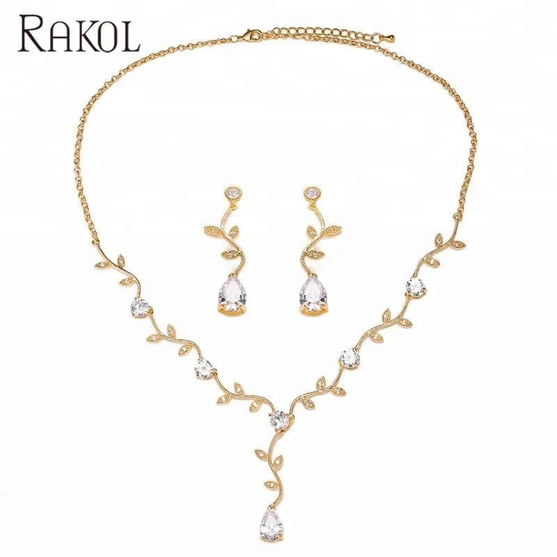 RAKOL SP233 Cheap Wedding Bridal CZ Jewelry Set Silver Leaf Branch Zircon Necklace Earrings Set