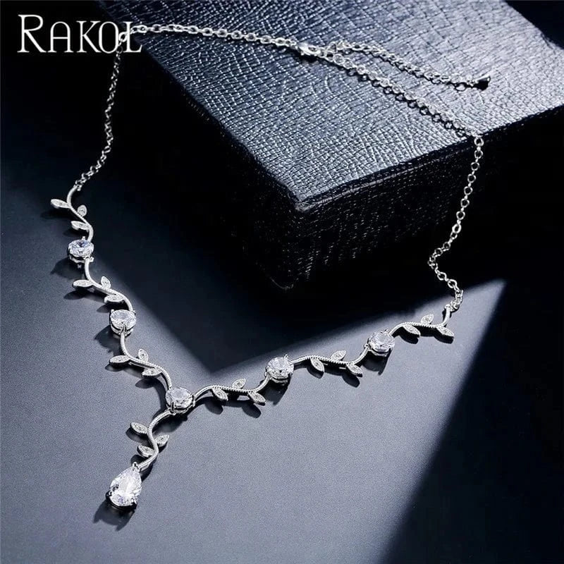 RAKOL SP233 Cheap Wedding Bridal CZ Jewelry Set Silver Leaf Branch Zircon Necklace Earrings Set