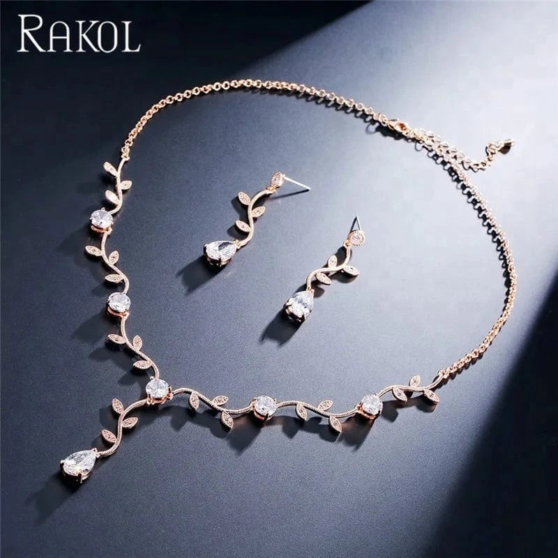 RAKOL SP233 Cheap Wedding Bridal CZ Jewelry Set Silver Leaf Branch Zircon Necklace Earrings Set
