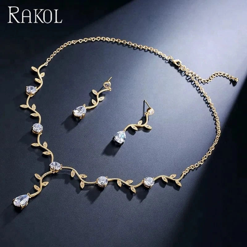 RAKOL SP233 Cheap Wedding Bridal CZ Jewelry Set Silver Leaf Branch Zircon Necklace Earrings Set
