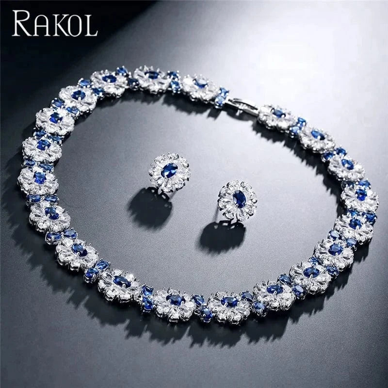 RAKOL SP240 Luxury women color zirconia  blue  Flower Necklace Earrings jewelry Sets 18k gold plated  bridal jewelry Set
