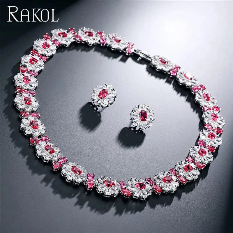 RAKOL SP240 Luxury women color zirconia  blue  Flower Necklace Earrings jewelry Sets 18k gold plated  bridal jewelry Set