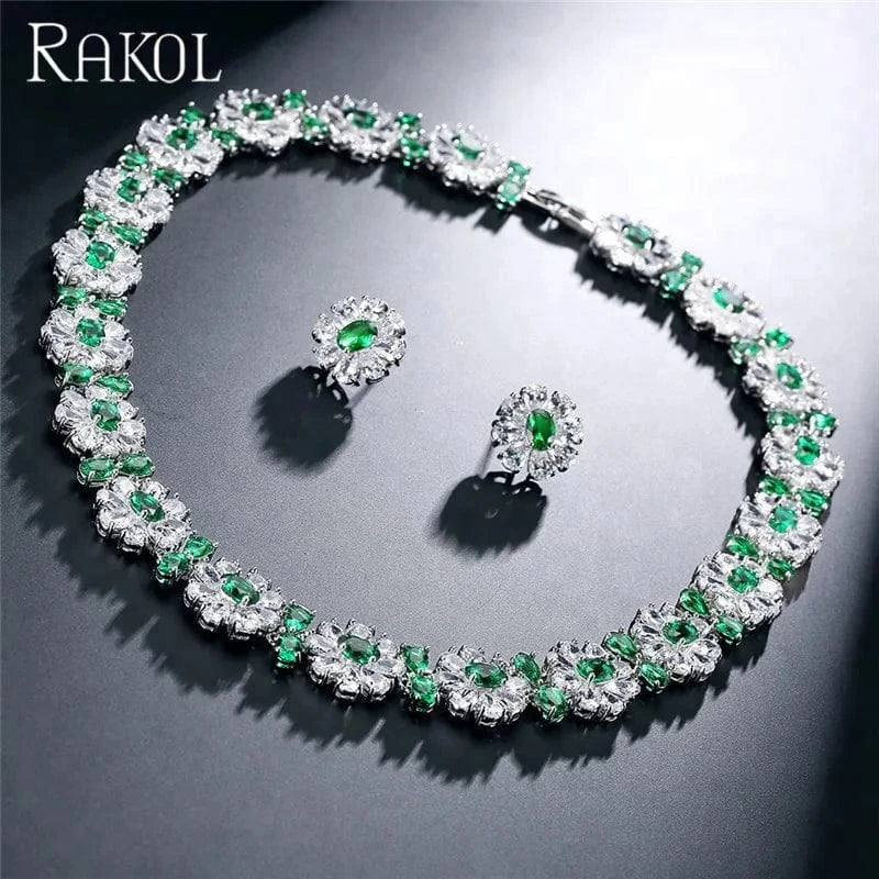 RAKOL SP240 Luxury women color zirconia  blue  Flower Necklace Earrings jewelry Sets 18k gold plated  bridal jewelry Set