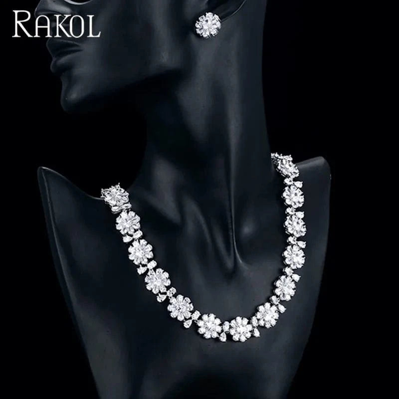 RAKOL SP240 Luxury women color zirconia  blue  Flower Necklace Earrings jewelry Sets 18k gold plated  bridal jewelry Set