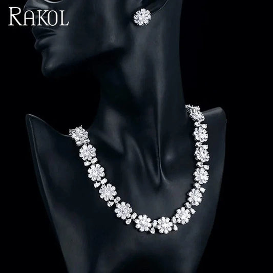 RAKOL SP240 Luxury women color zirconia  blue  Flower Necklace Earrings jewelry Sets 18k gold plated  bridal jewelry Set