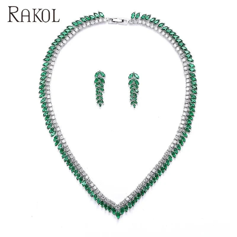 RAKOL SP258 Cute Girl Decoration Full CZ Crystal zircon Wheat Leaf Shape Earring Necklace Jewelry Set