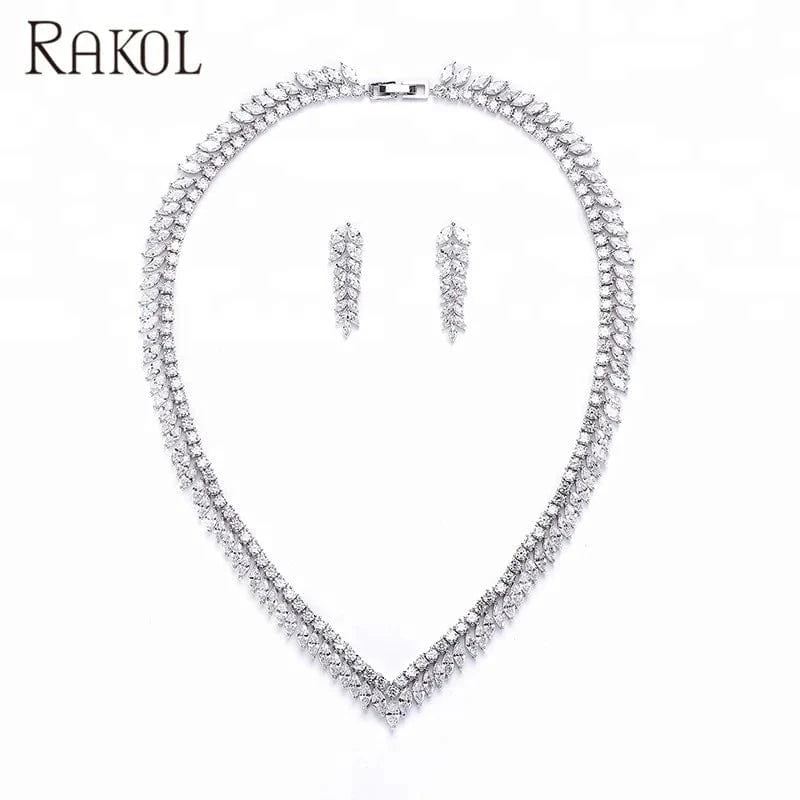 RAKOL SP258 Cute Girl Decoration Full CZ Crystal zircon Wheat Leaf Shape Earring Necklace Jewelry Set
