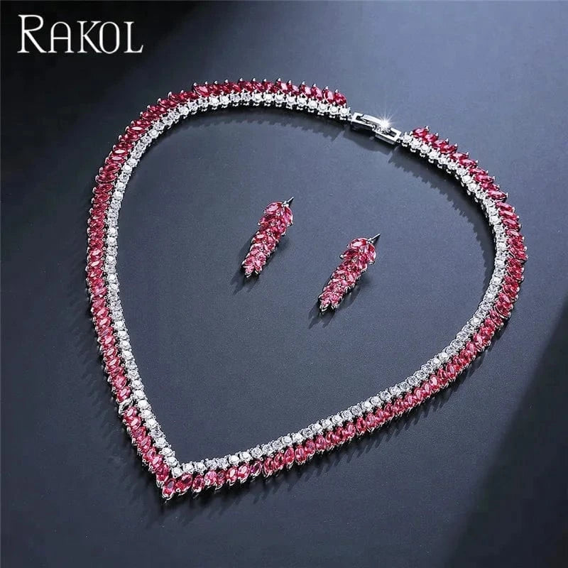 RAKOL SP258 Cute Girl Decoration Full CZ Crystal zircon Wheat Leaf Shape Earring Necklace Jewelry Set