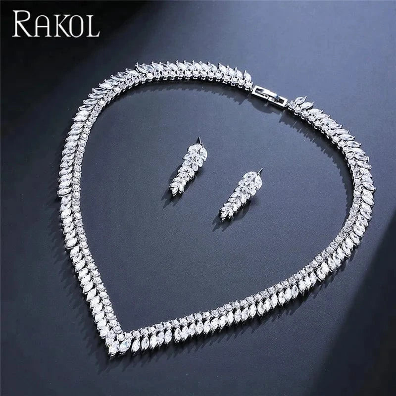 RAKOL SP258 Cute Girl Decoration Full CZ Crystal zircon Wheat Leaf Shape Earring Necklace Jewelry Set