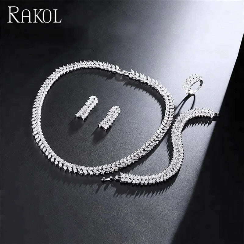 RAKOL SP289 Charm American Silver/Gold/Rose Gold Wheat Leaf CZ Zircon Necklace Four Piece Jewelry Set