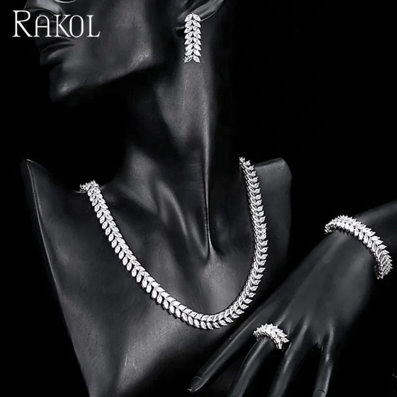 RAKOL SP289 Charm American Silver/Gold/Rose Gold Wheat Leaf CZ Zircon Necklace Four Piece Jewelry Set